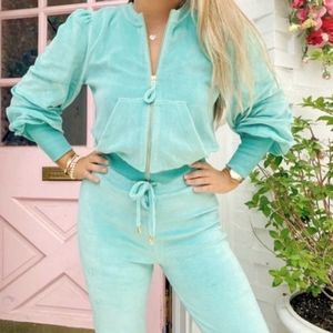 NWOT Loveshackfancy velour set seafoam green teal aqua blue jacket and pants